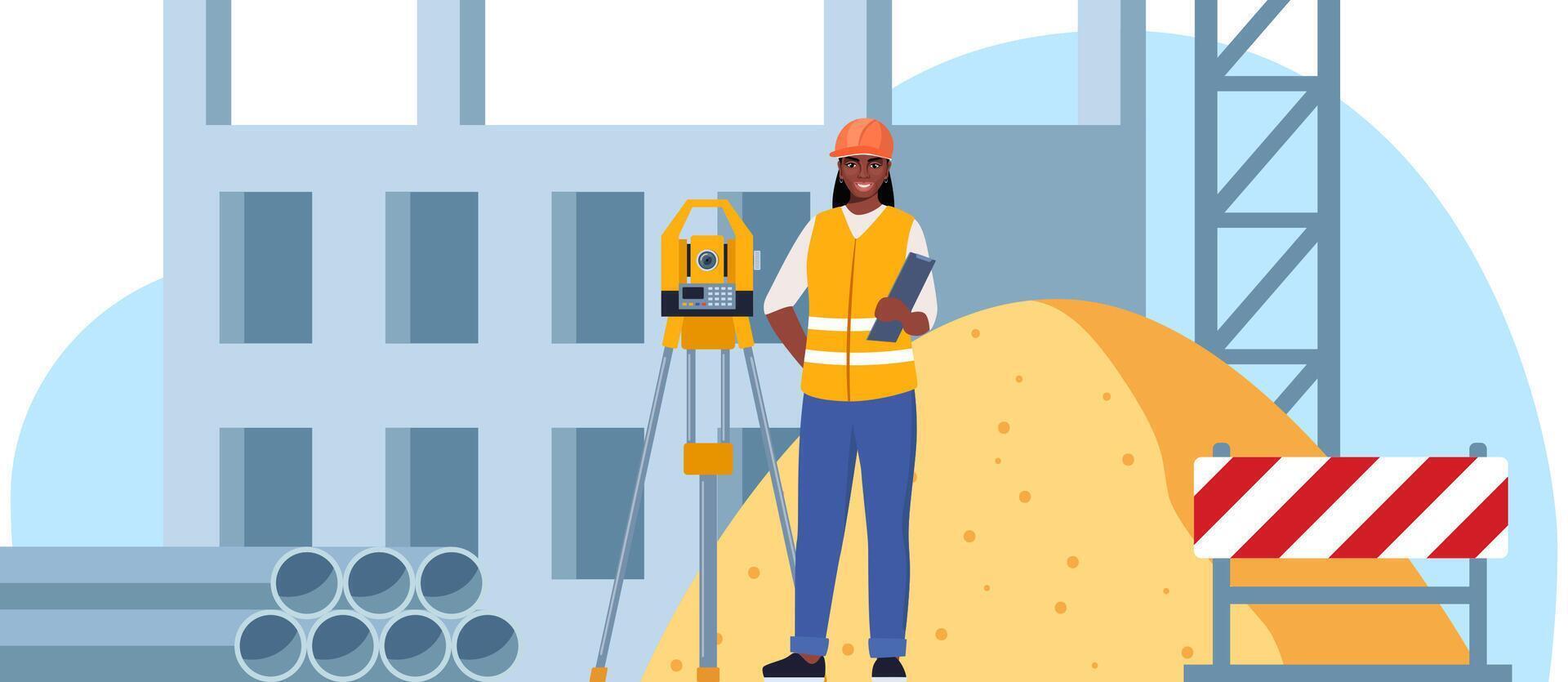 Construction site. Building work process with houses and construction machines. Surveyor engineers with equipment, theodolite or total positioning station. illustration. vector