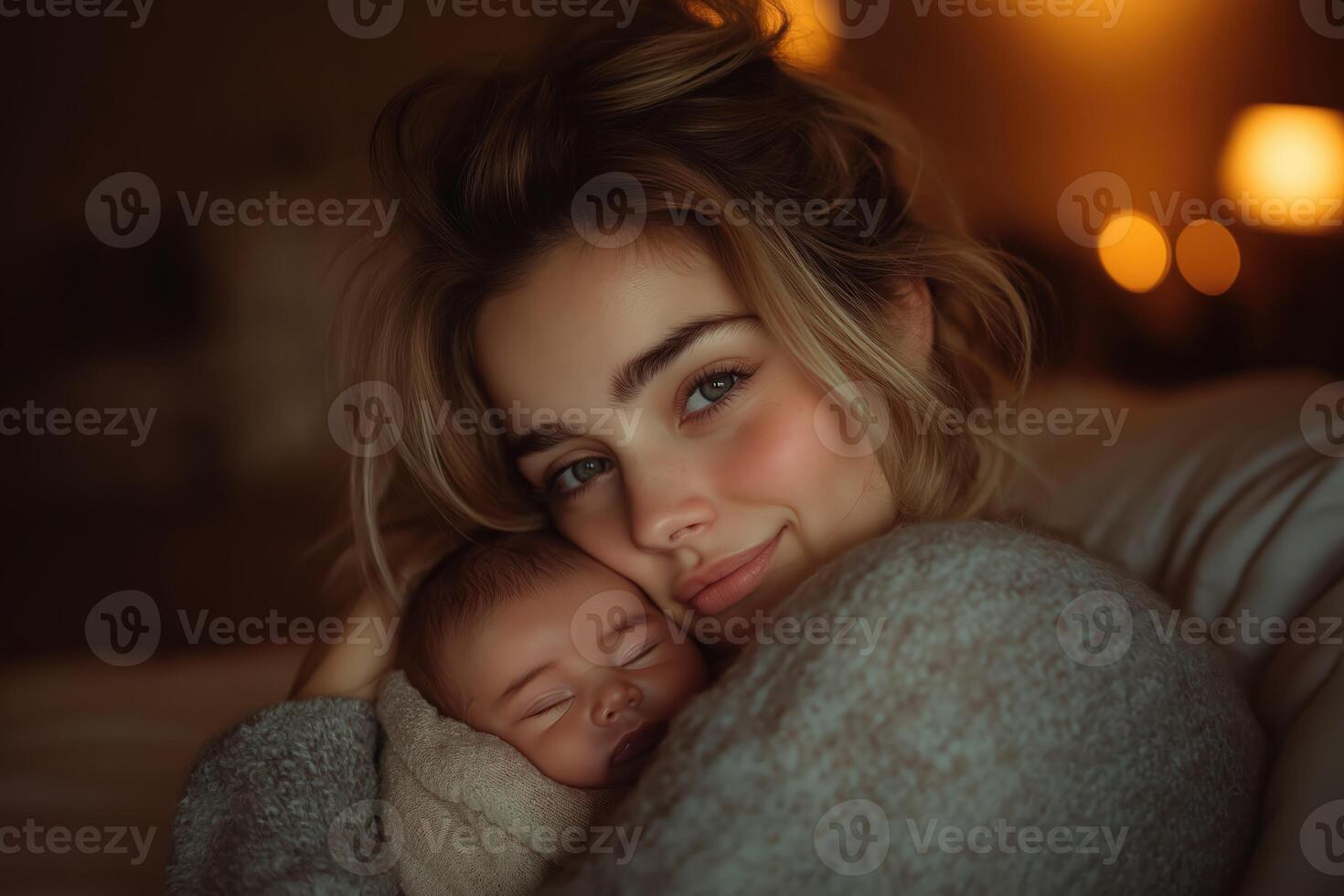 Young mother embracing sleeping newborn baby at home photo