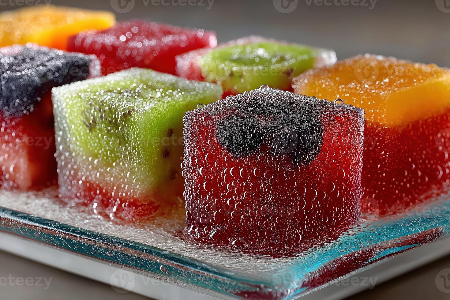 Sparkling fresh fruit cubes glistening on glass tray photo