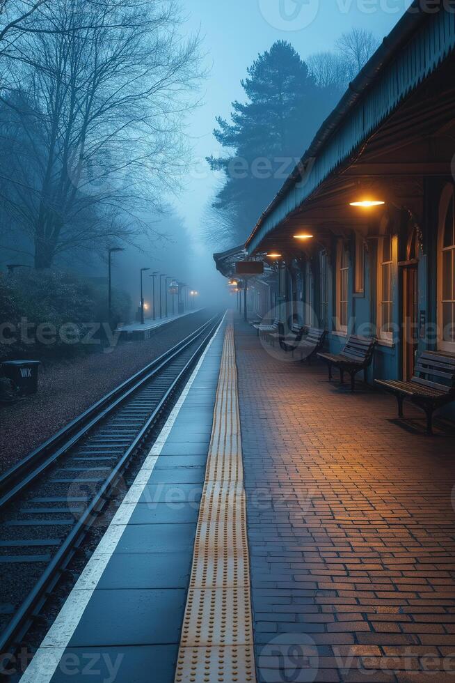 Empty train station platform on a foggy morning photo