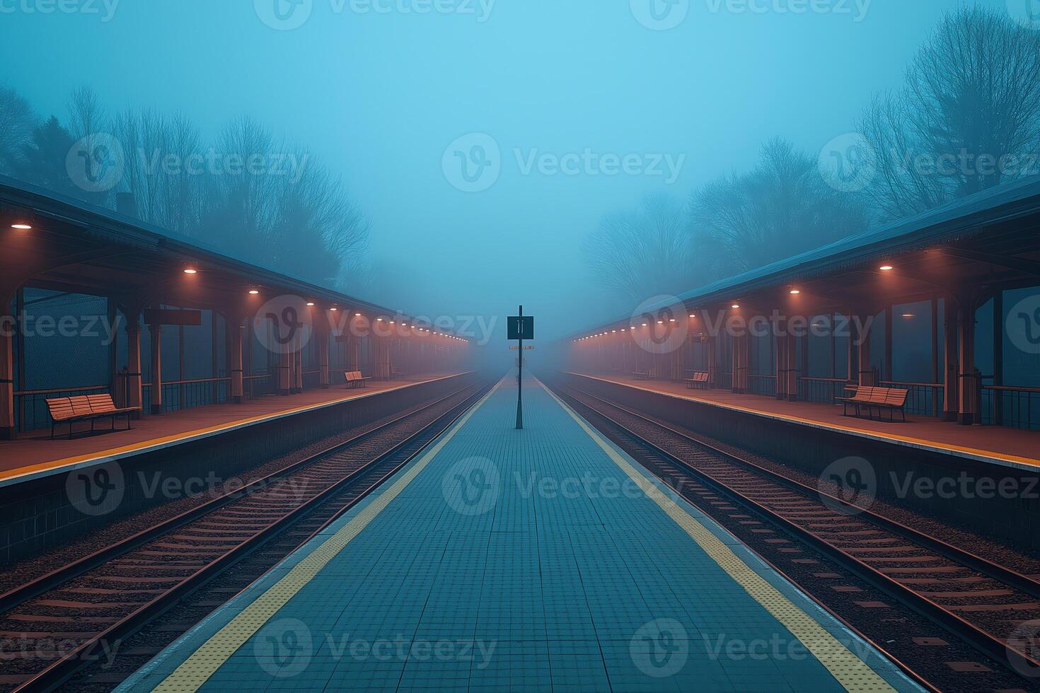 Empty train station platform covered in fog at dusk photo