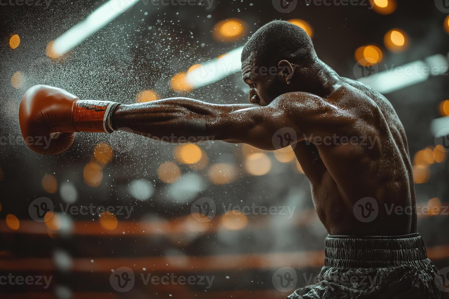 Powerful boxer throwing a punch during intense fight in boxing ring photo