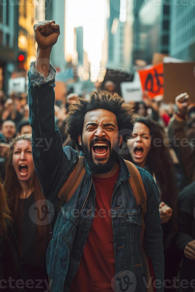 Young activist leading protest raising fist and shouting slogans photo