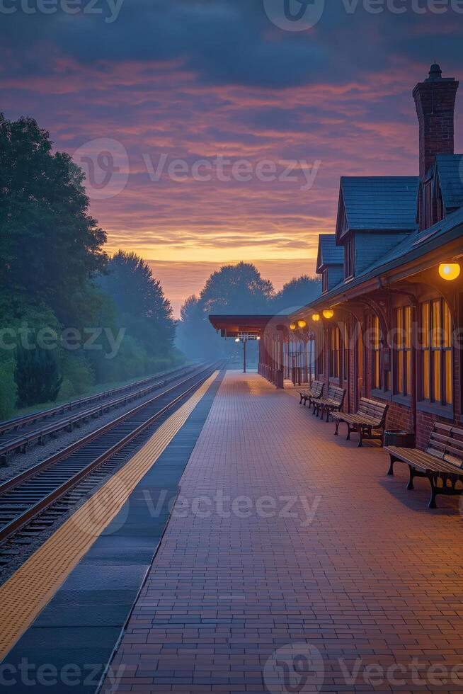 Empty train station platform at sunrise with dramatic sky photo