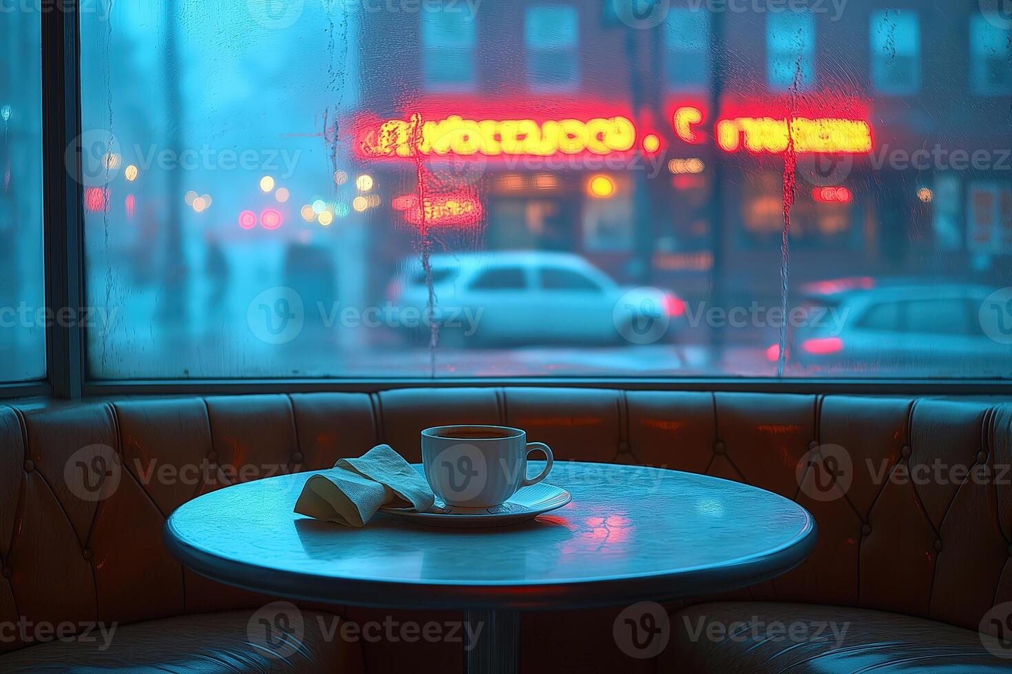 Steaming cup of coffee warming a rainy city night cafe photo