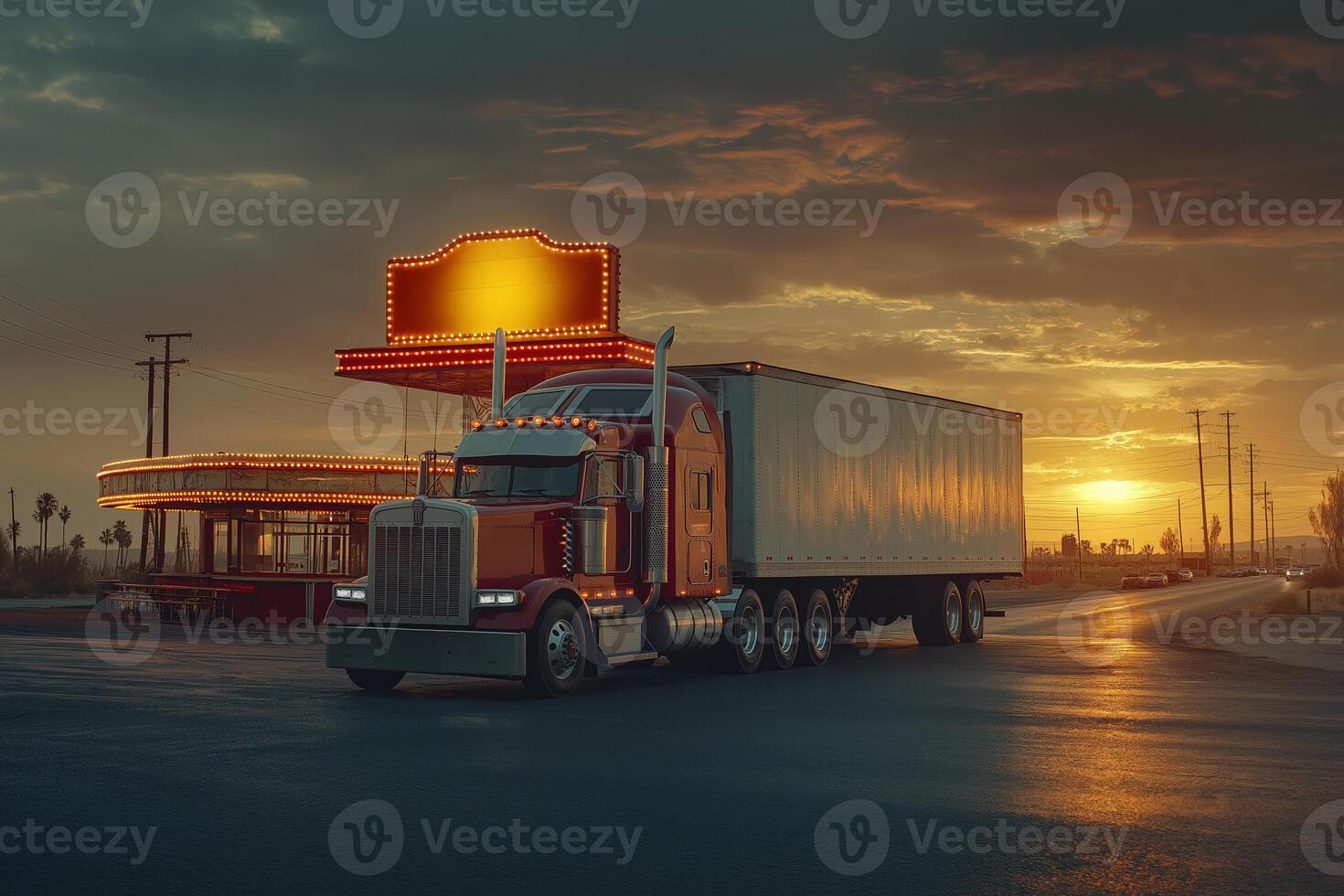 Red american truck leaving roadside diner at sunset photo