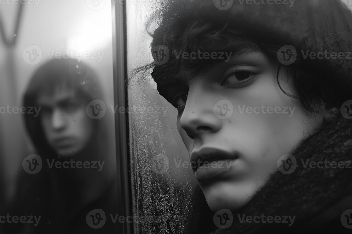 Young man reflecting on cold winter day photo