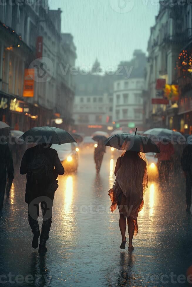 Tourists walking in the rain with umbrellas in a city street photo