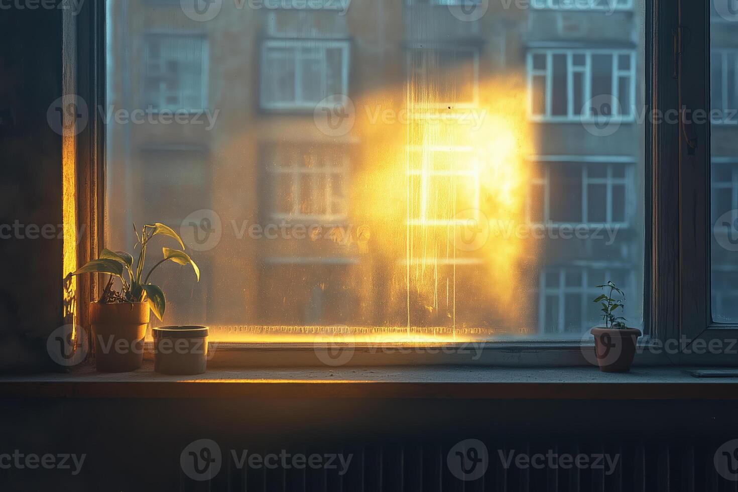 Plants on windowsill with sunlight shining through dirty window in apartment building photo