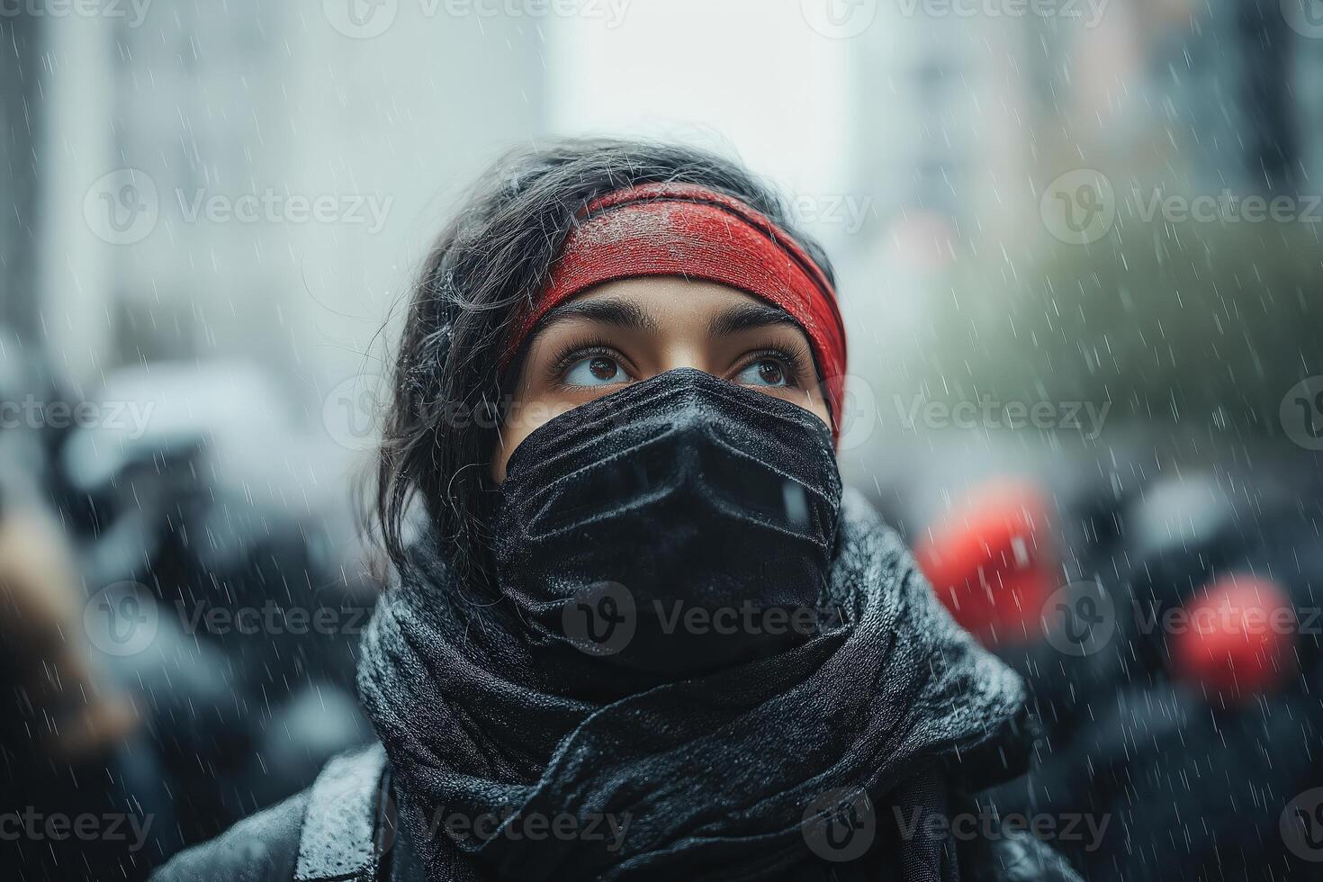 Young protestor wearing mask and bandana is staring during demonstration in the rain photo