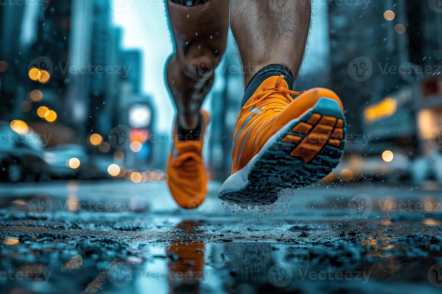Athlete running in the rain in a city street photo