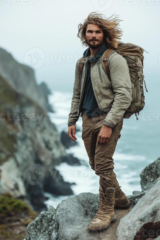 Backpacker hiking on rocky coast with dramatic ocean waves photo