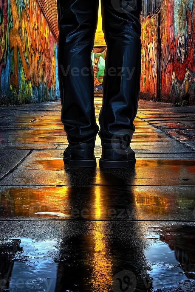 Man standing in dark alley with graffiti and reflections photo