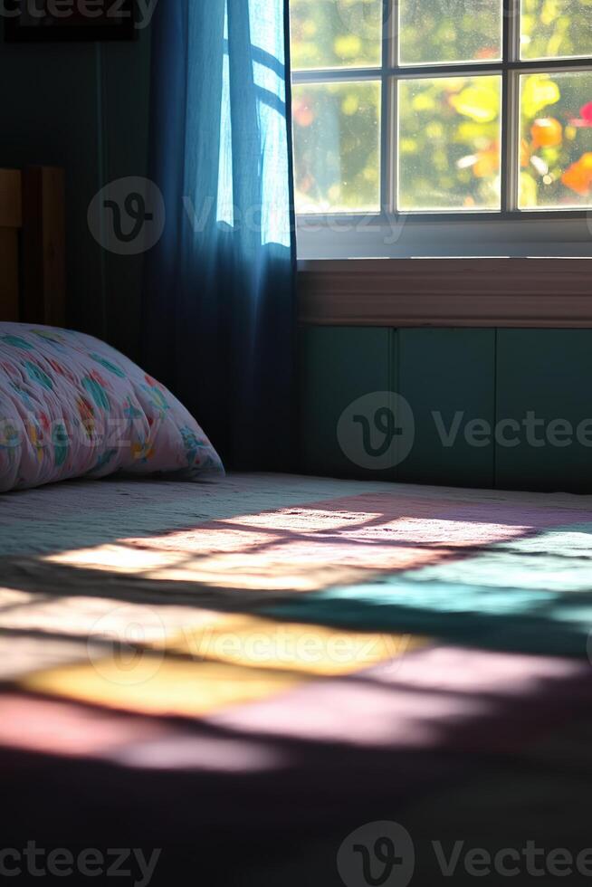 Sunlight shining through window onto bed in bedroom photo