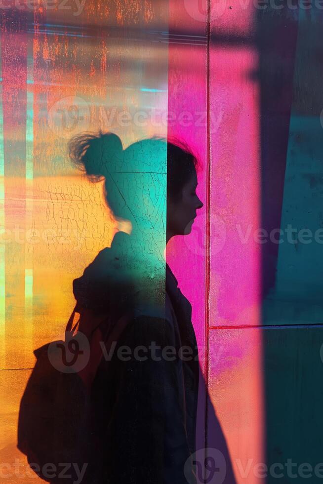 Student walking near colorful wall reflecting shadow and light photo