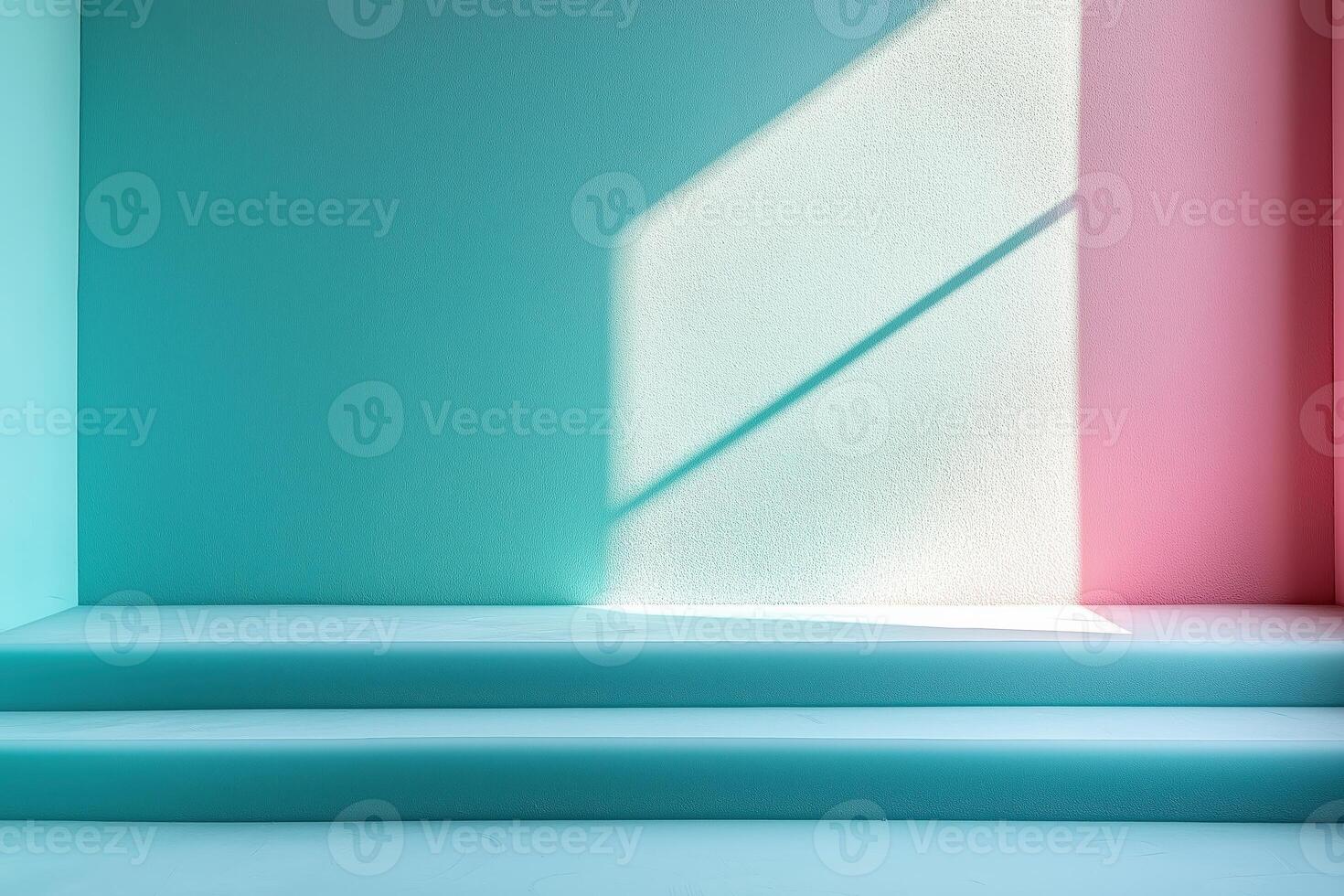 Empty two steps podium on turquoise and pink pastel colors background with window light photo