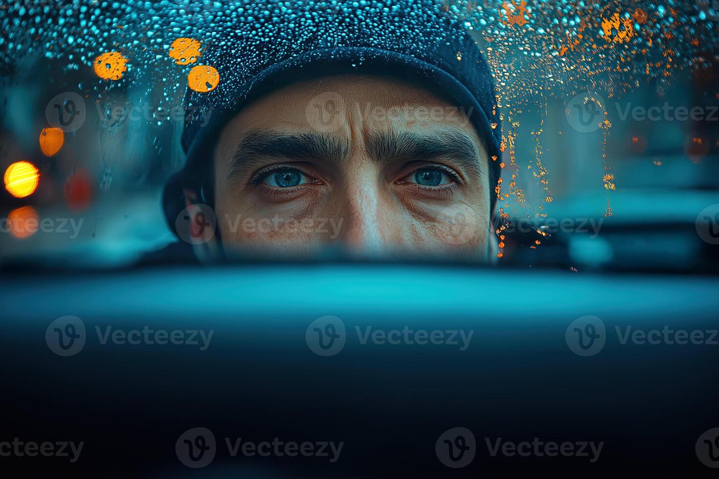Man driving car at night in the rain watching carefully through windshield photo