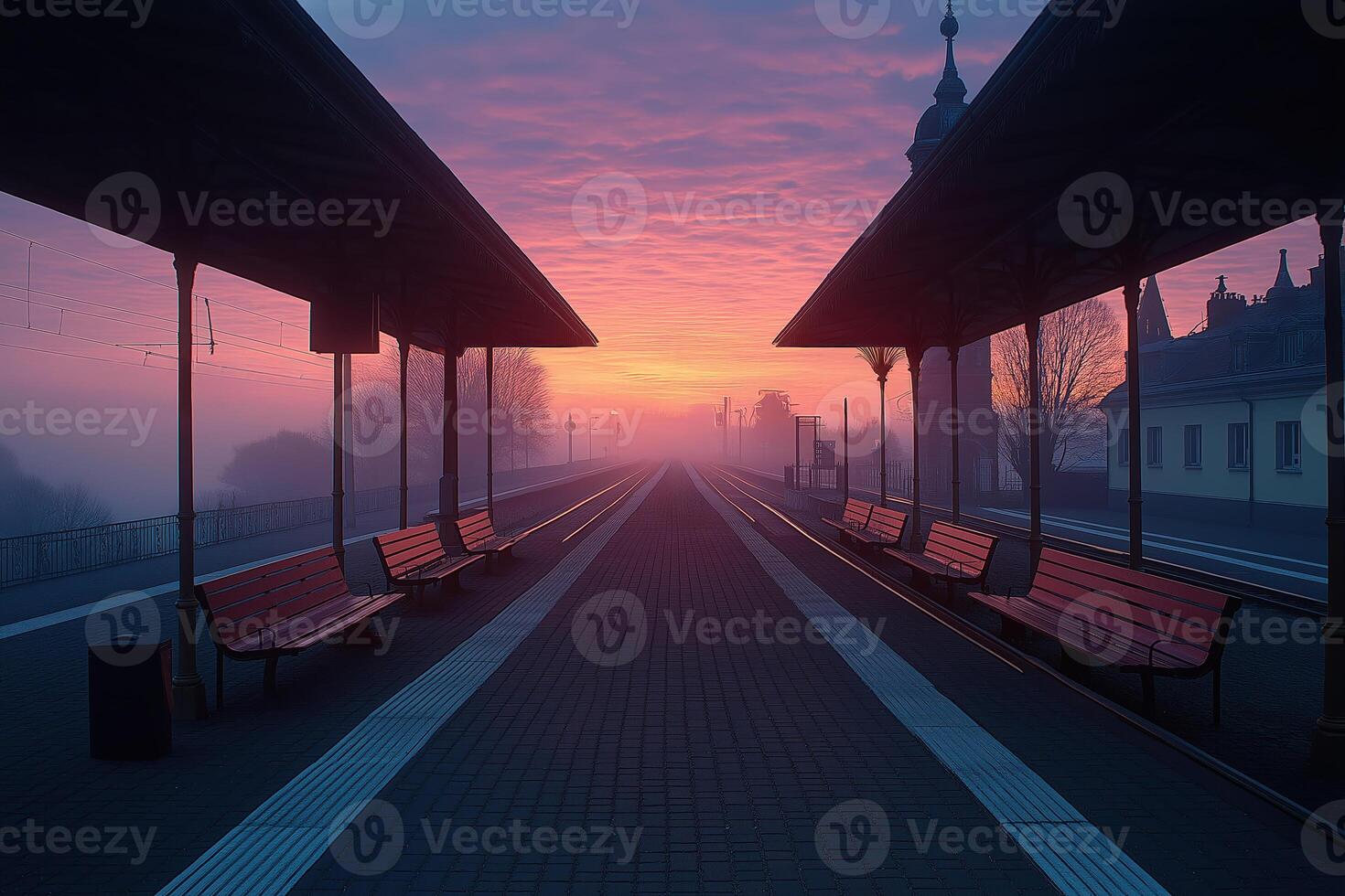 Empty train station platform at sunrise with fog and benches photo
