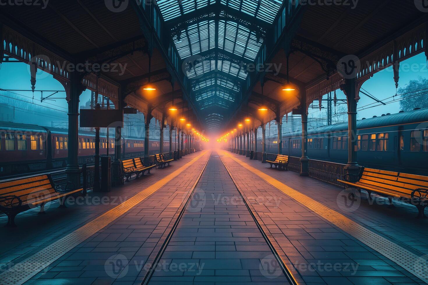 Empty train station platform at dusk with warm lights creating a nostalgic atmosphere photo