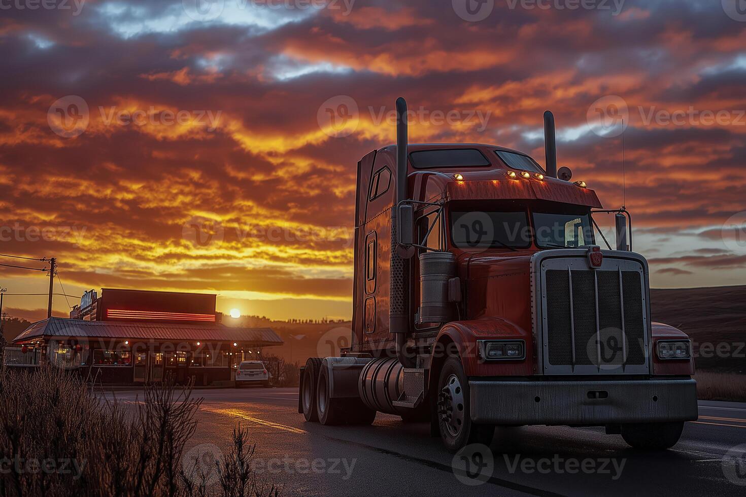 Red american truck driving on highway at sunset near restaurant photo