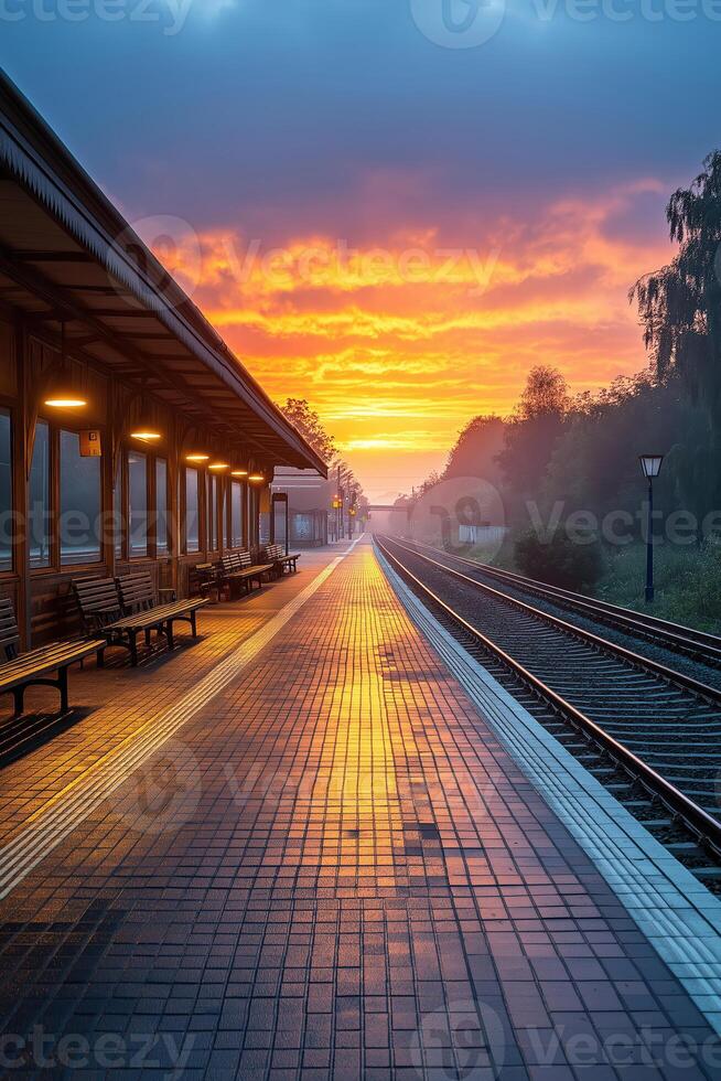 Empty train station platform at sunrise with fog and orange sky photo