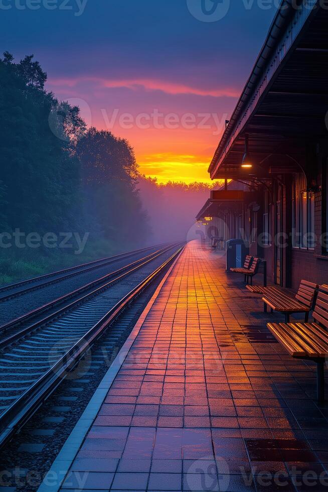 Empty train station platform reflecting dramatic sunset light photo