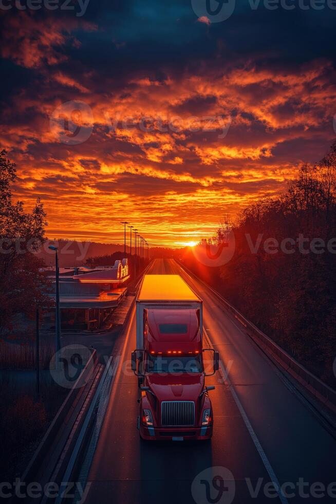 Red truck driving on highway at sunrise with dramatic sky photo