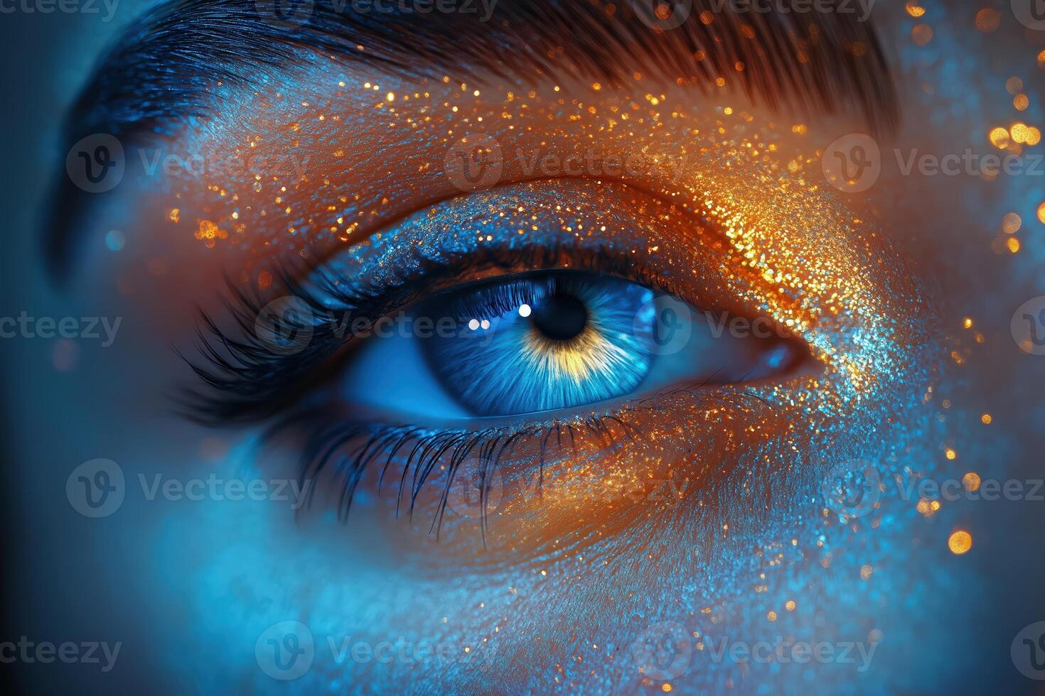 Macro closeup of eye with glittering golden and blue makeup photo