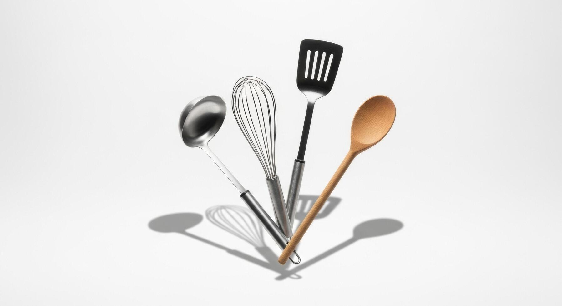 Kitchen Utensils Ladle, Whisk, Spatula, and Wooden Spoon on White Background with Shadows photo