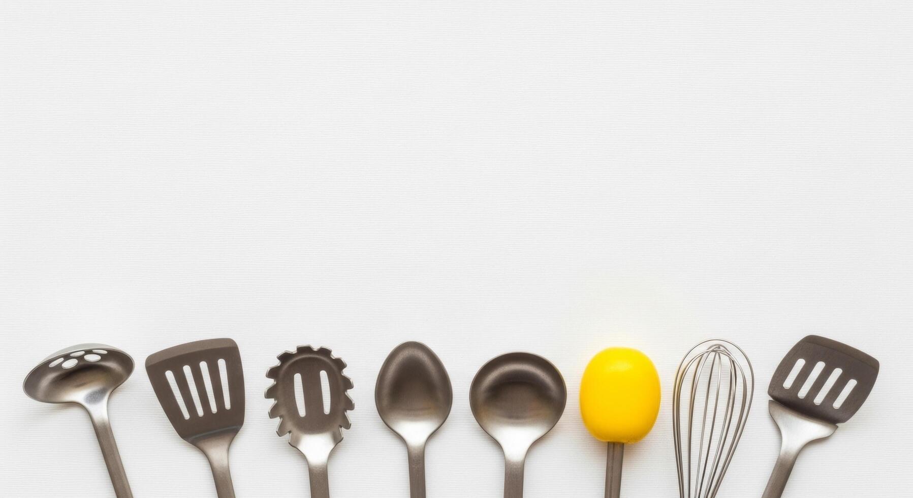 Kitchen Utensils Arranged Neatly on White Background with a Yellow Accent photo