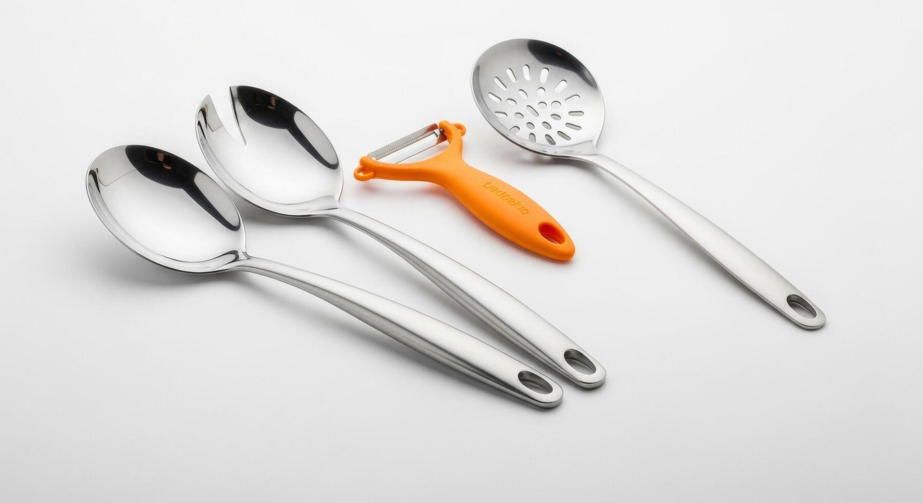 Gleaming stainless steel kitchen utensils with a vibrant orange peeler on a white surface photo