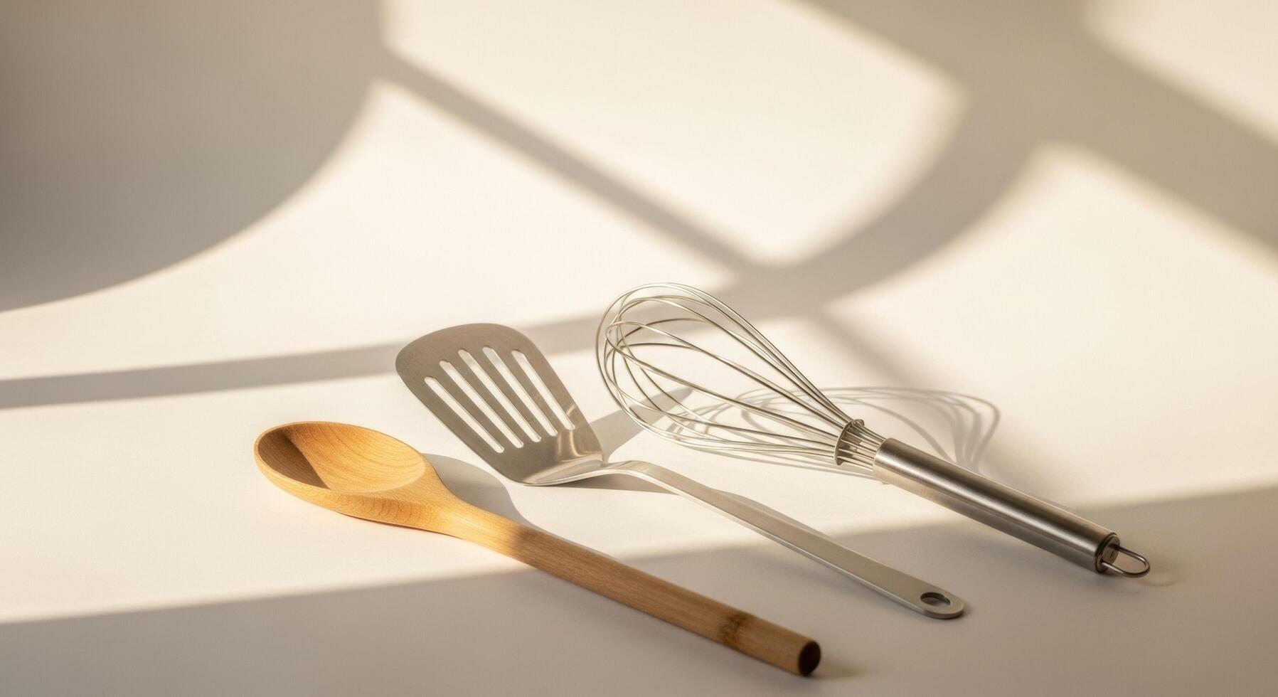 Kitchen Utensils Still Life Wooden Spoon, Slotted Spatula, and Whisk in Warm Sunlight photo