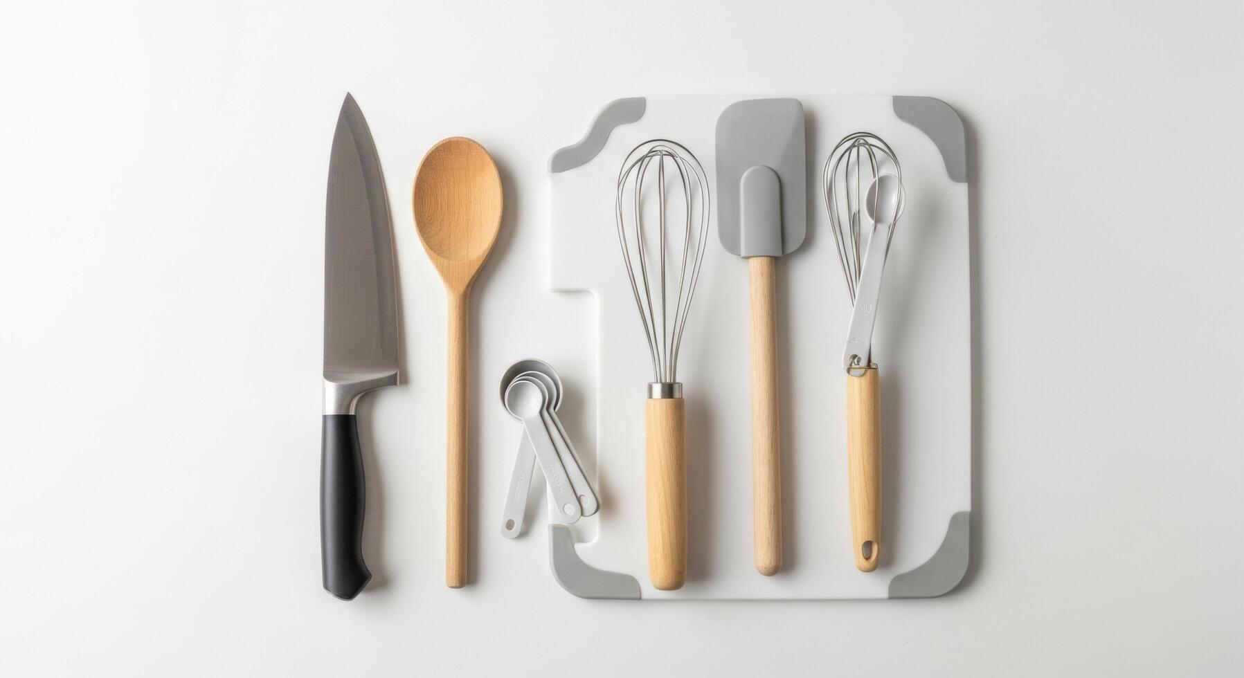 Kitchen Utensils Arranged on White Cutting Board with Knife and Measuring Spoons photo