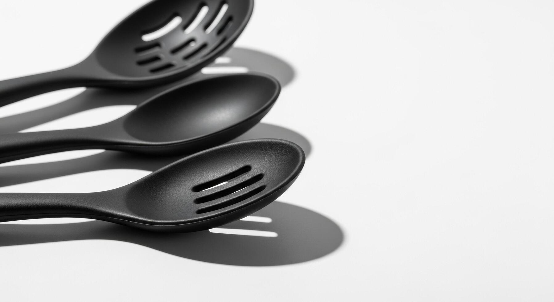 Three black slotted spoons casting shadows on a white surface, kitchen utensils photo