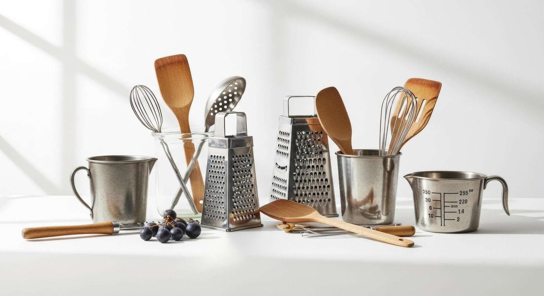 Kitchen Utensils Still Life with Wooden Spoons, Whisks, Graters, and Measuring Cups photo