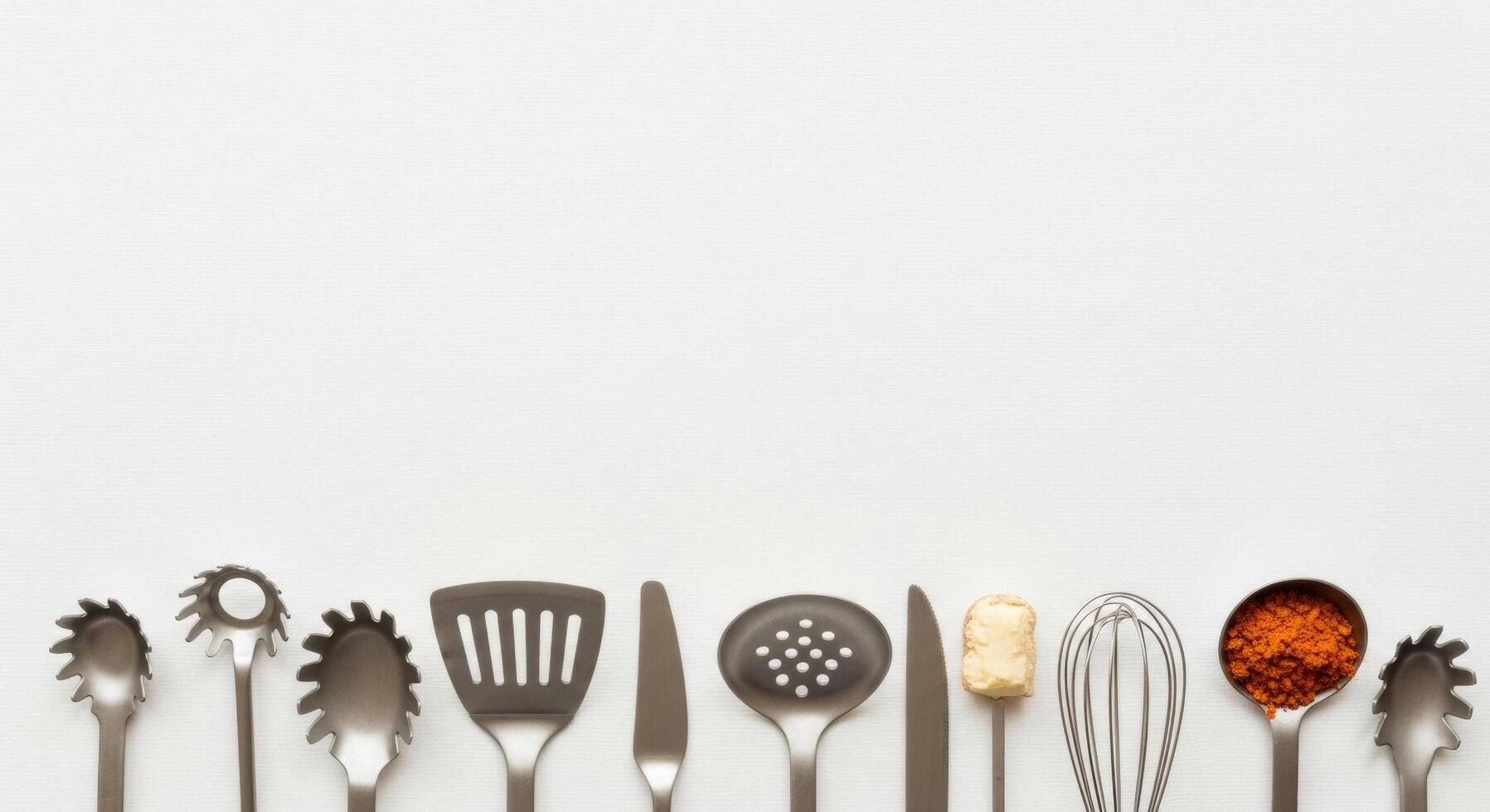 Kitchen Utensils Bordering White Space with Pasta Spoon, Spatula, Knife, Whisk, and Spice photo