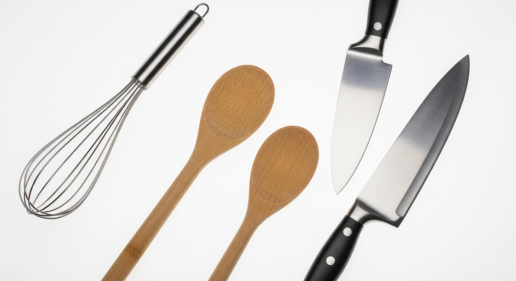 Kitchen Utensils Whisk, Wooden Spoons, and Knives on White Background photo