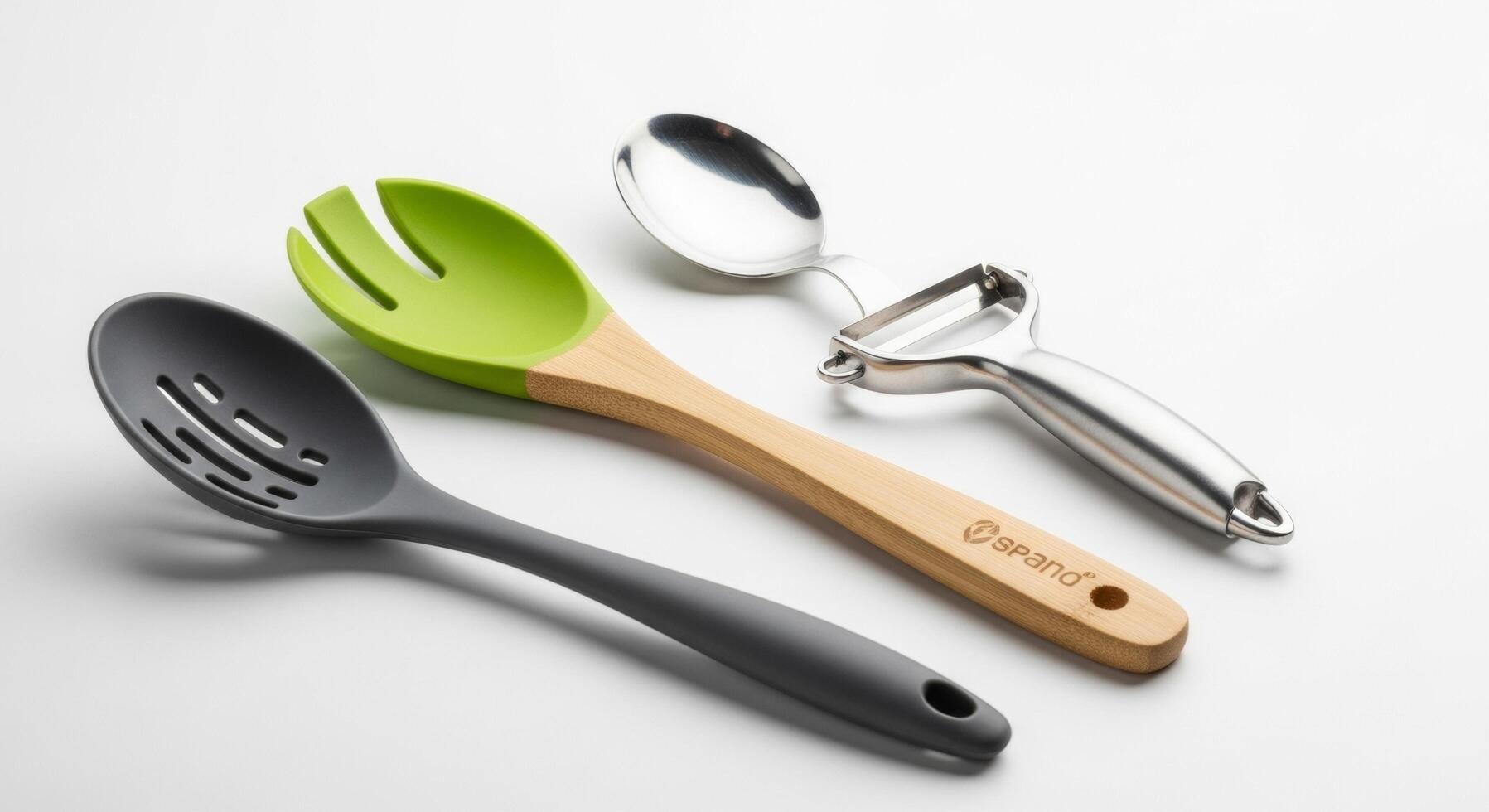 Kitchen Utensils Slotted Spoon, Salad Fork, Serving Spoon, and Vegetable Peeler photo