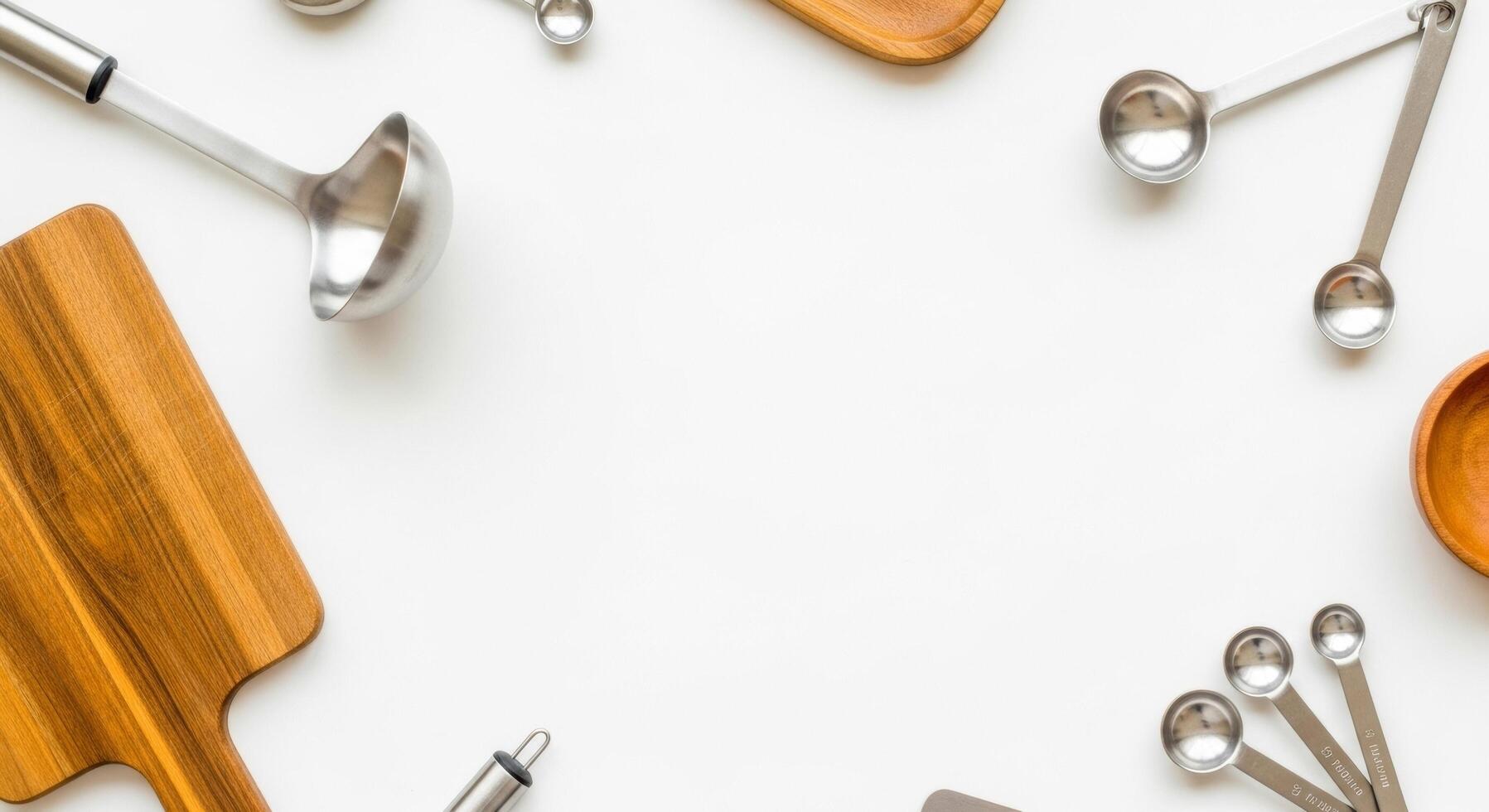 Kitchen Utensils Still Life Ladle, Measuring Spoons, and Wooden Boards on White photo