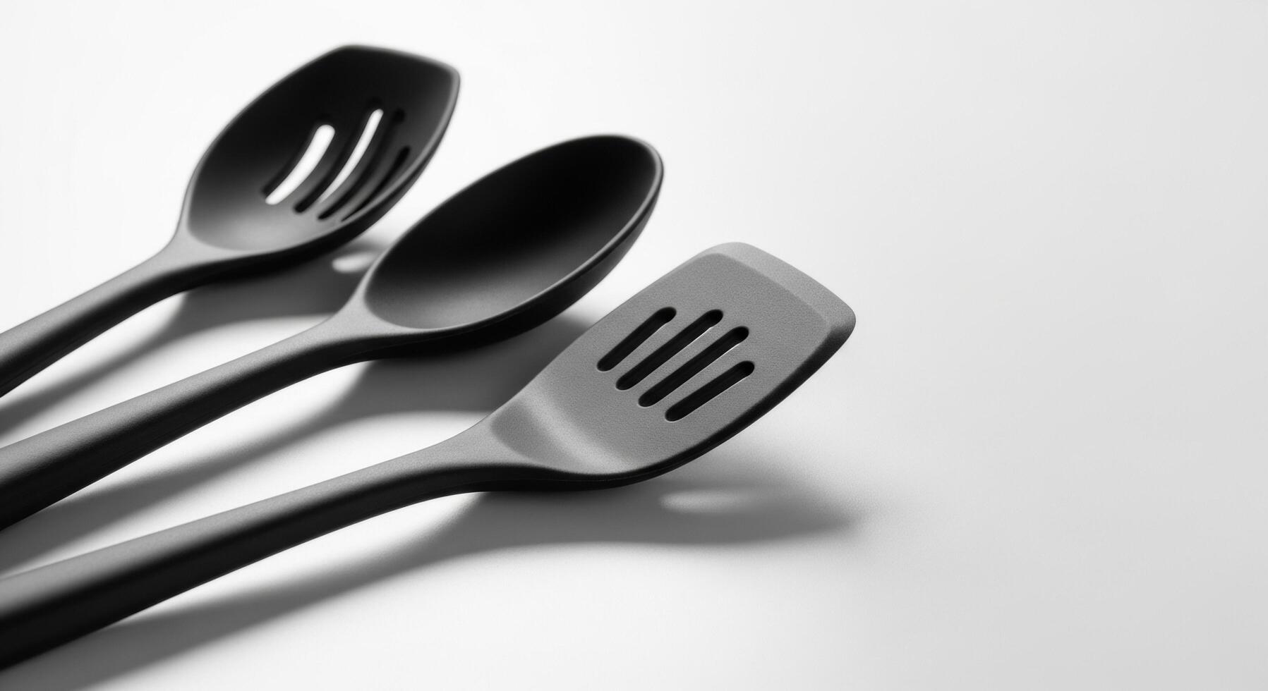 Minimalist kitchen utensils Slotted spoon, solid spoon, and slotted spatula on white background photo