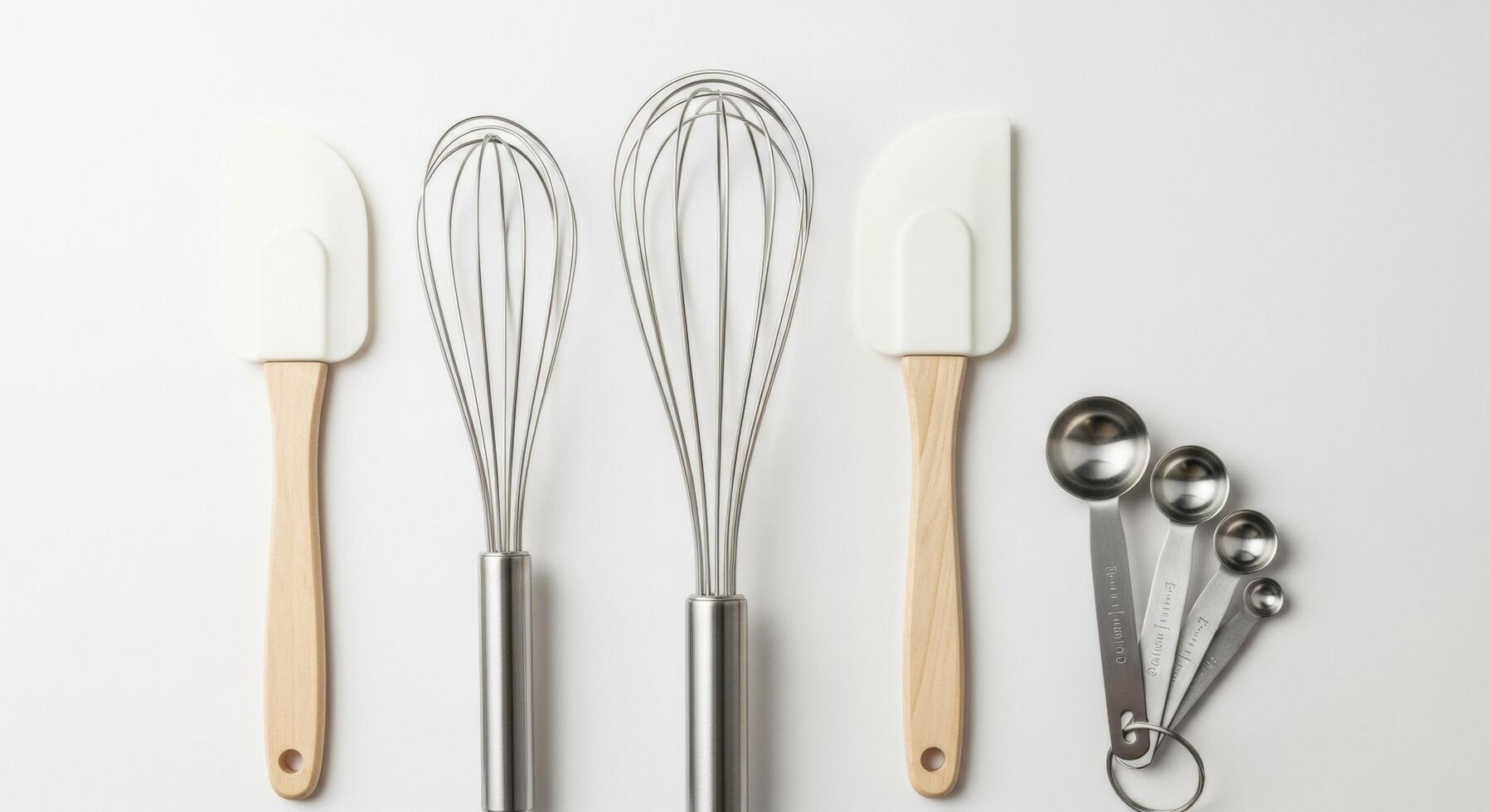 Kitchen Utensils Spatulas, Whisks, and Measuring Spoons on White Background photo