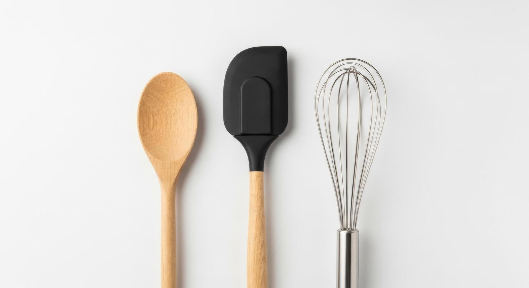 Kitchen Utensils Trio Wooden Spoon, Black Spatula, and Stainless Whisk on White photo