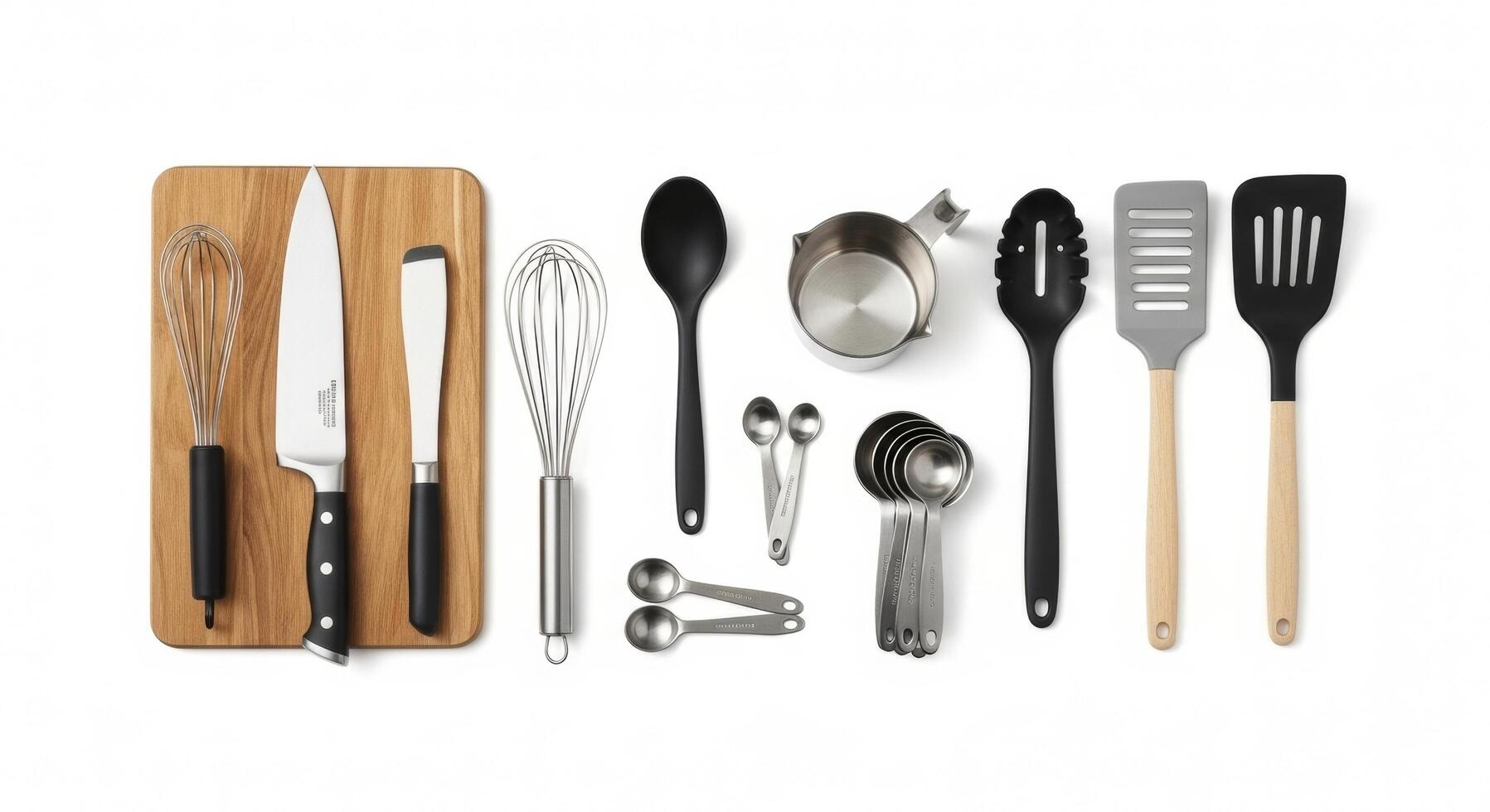 Kitchen Utensils Arranged Neatly on White Background, Featuring Wooden Cutting Board and Stainless Steel Measuring Tools photo