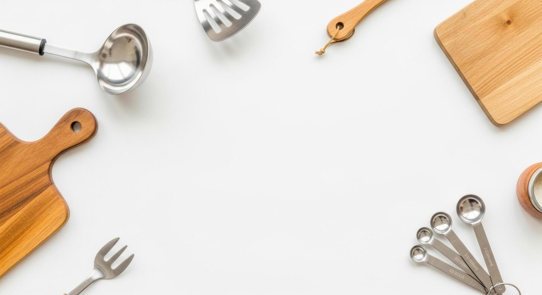 Kitchen Utensils Flat Lay Wooden Boards, Ladle, Spatula, Fork, and Measuring Spoons on White photo