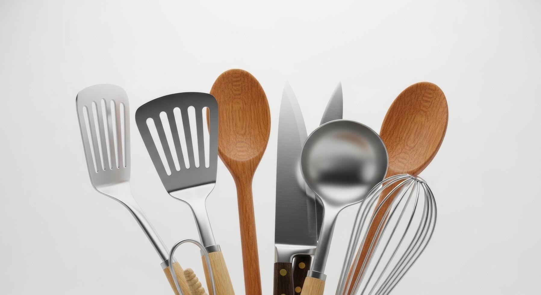 Kitchen Utensils Still Life Spatulas, Wooden Spoons, Ladle, Whisk, and Knife on White photo