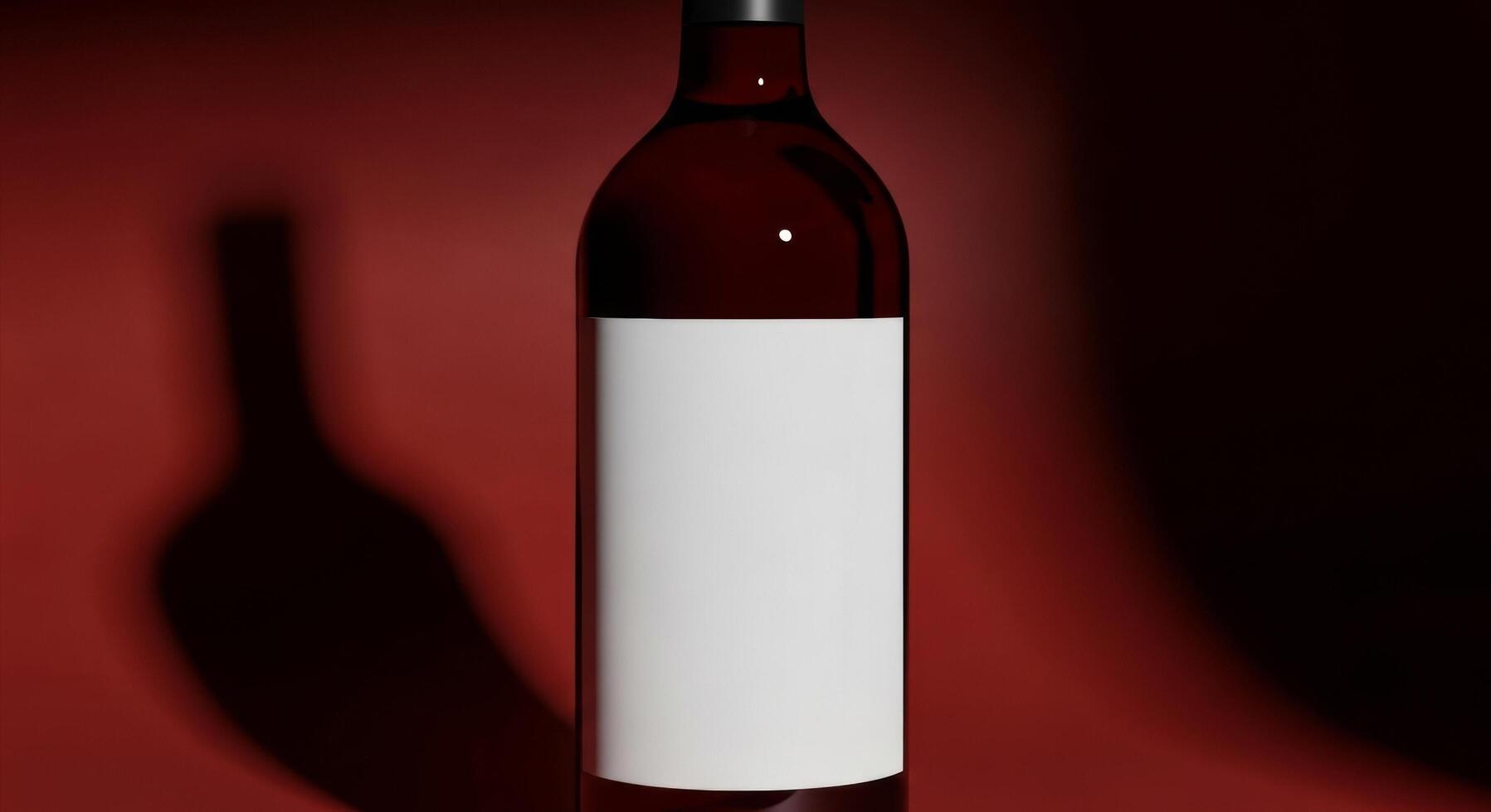 Elegant wine bottle with blank label against a rich red backdrop and dramatic shadow. photo