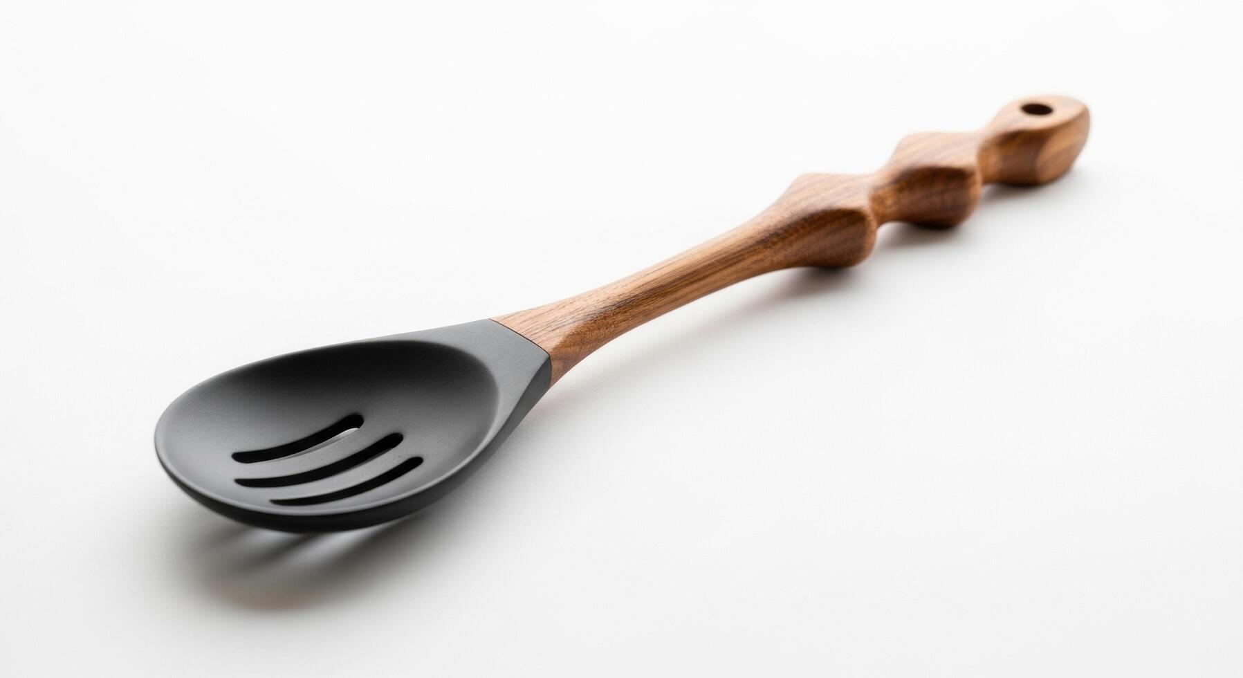 Elegant slotted spoon featuring a sculpted wooden handle and black silicone head photo