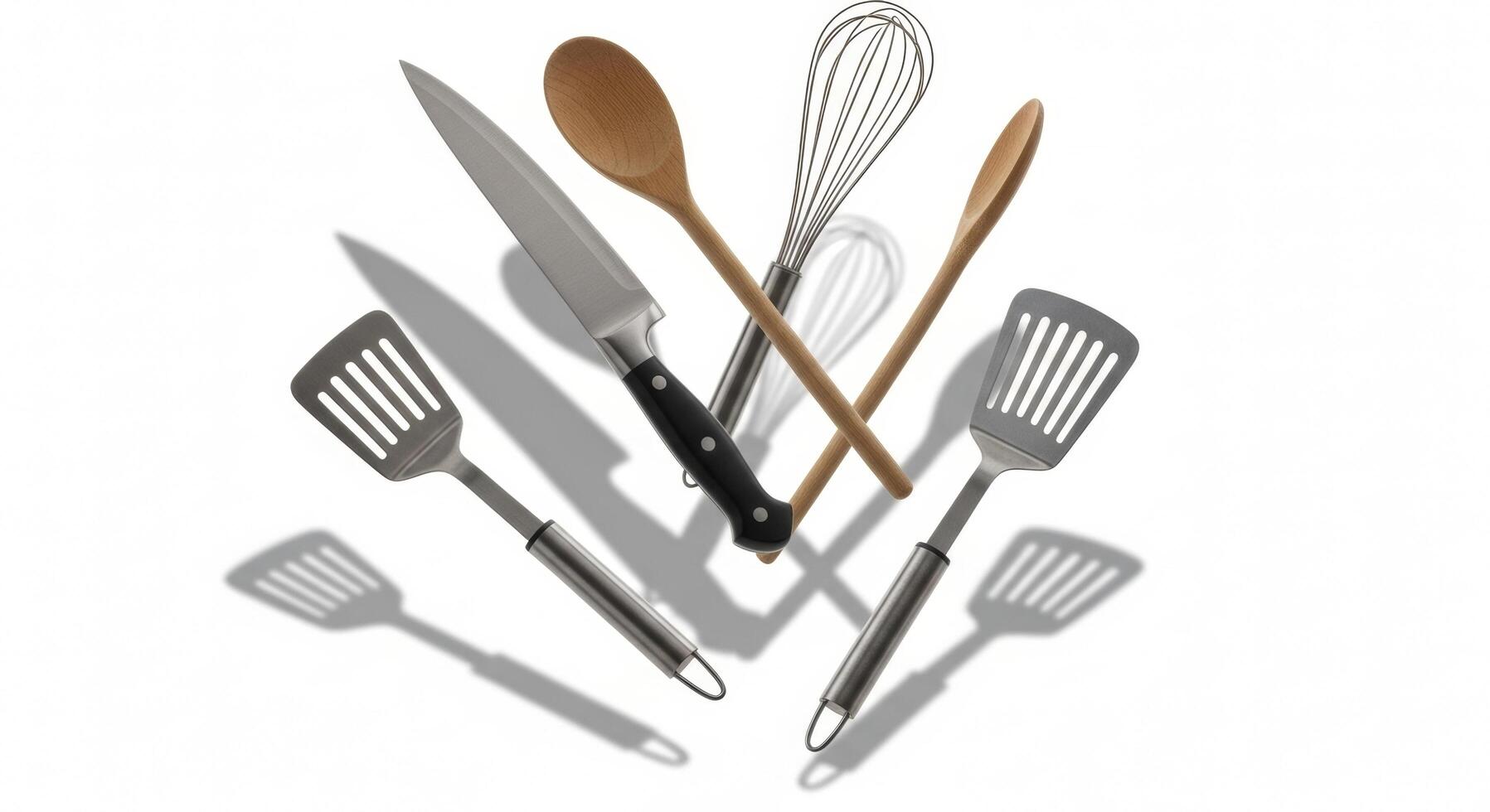 Kitchen Utensils Still Life Spatulas, Knife, Spoons, and Whisk on White Background photo