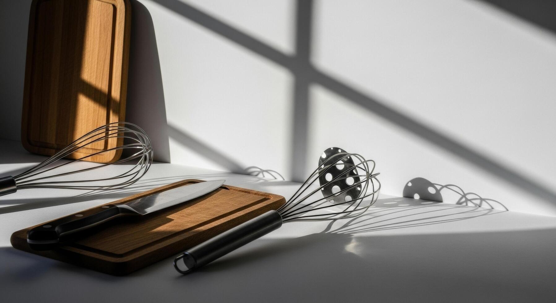 Kitchen Still Life Cutting Boards, Whisk, and Knife in Dramatic Light photo