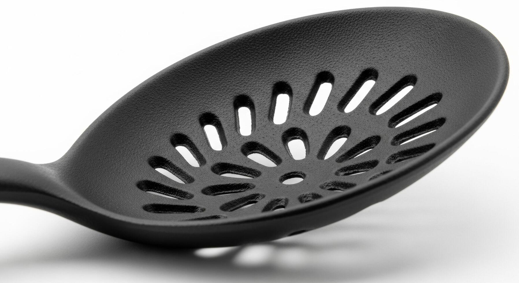 Close-up of a black slotted spoon with oval holes arranged in a radial pattern photo